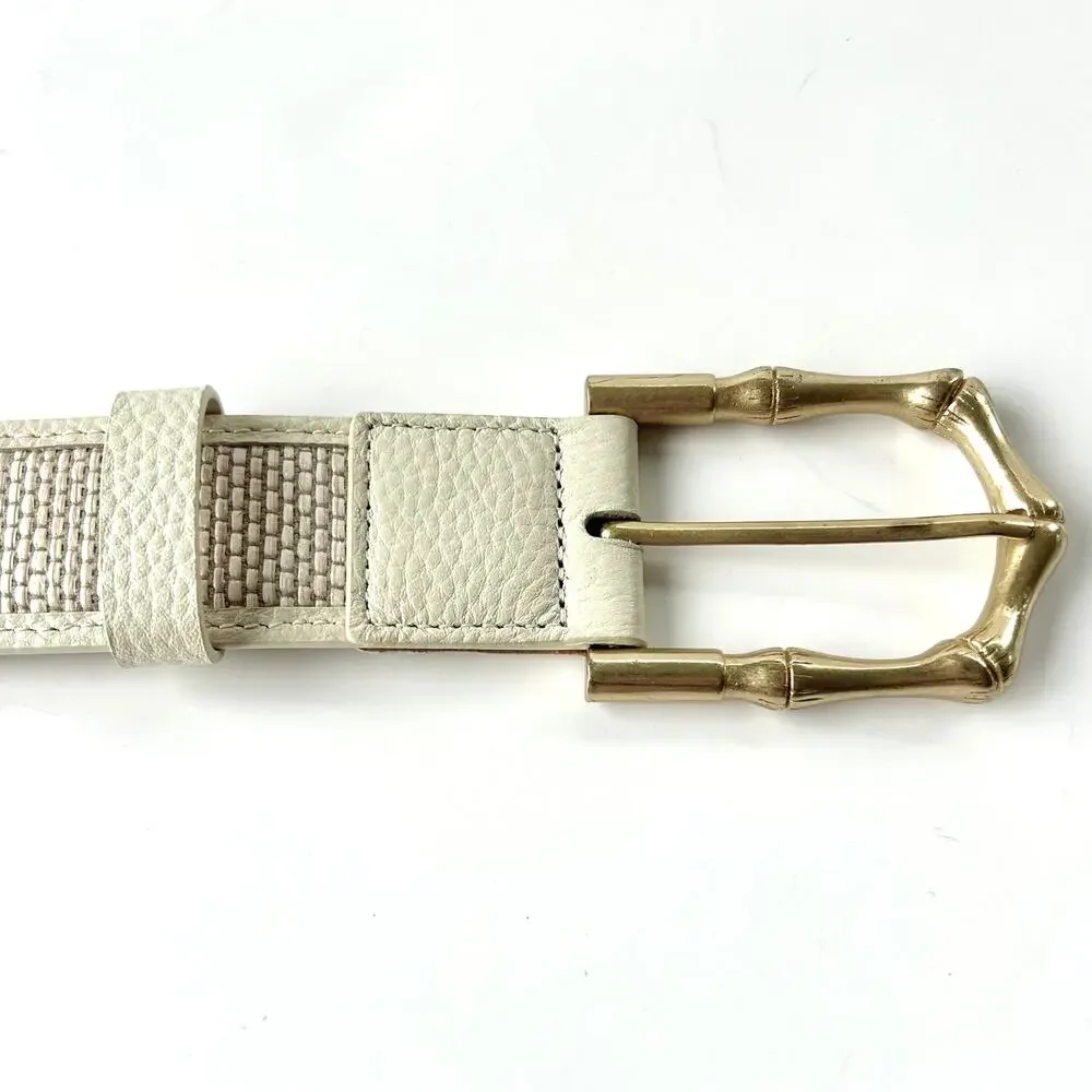 J.McLaughlin Jayla Grasscloth White Leather Raffia Belt Gold Bamboo Buckle M - Picture 14 of 15